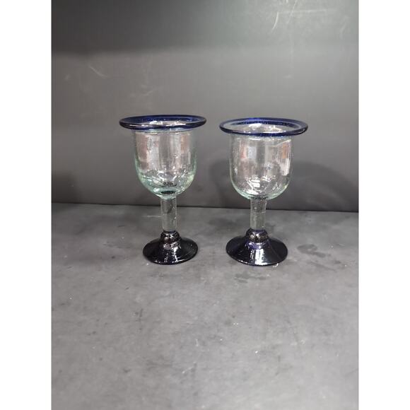 Hand Blown Glass Wine Goblets, Cobalt Blue Rim & Base, Bubbles Design, Drinkware - Picture 3 of 9